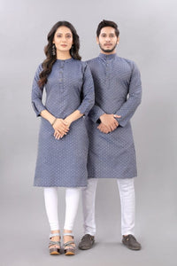 Fabulous Grey Color Ready Made Cotton Printed Jacquard Butti Couple Kurta For Party Wear