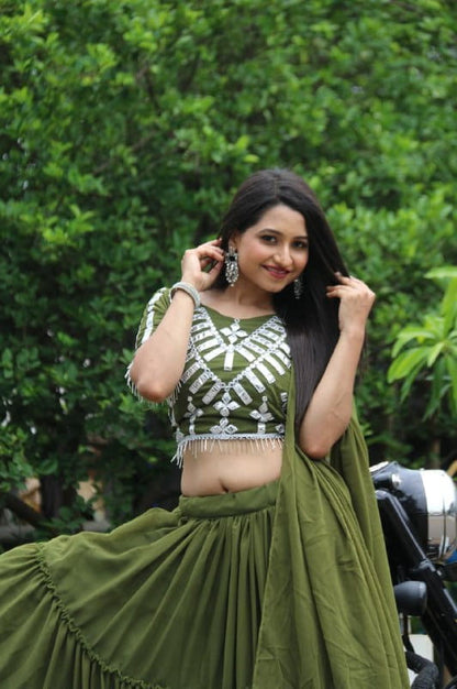Desirable Green Color Designer Paper Mirror Embroidered Work Wedding Wear Lehenga Choli