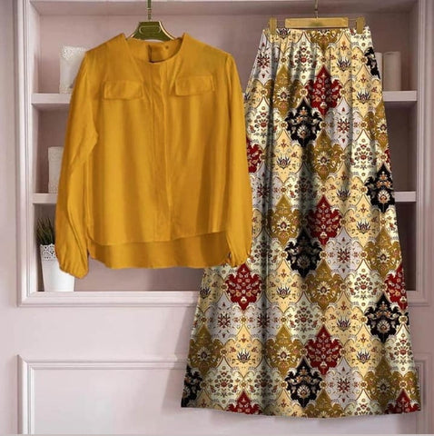 Stunning Mustard Color Ready Made Digital Printed Rayon Festive Wear Skirt Top for women
