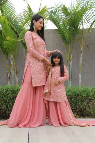 Graceful Peach Color Ready Made Georgette Sequence Mirror Embroidered Work Mother Daughter Plazo Salwar Suit