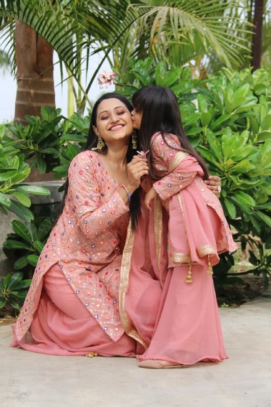 Graceful Peach Color Ready Made Georgette Sequence Mirror Embroidered Work Mother Daughter Plazo Salwar Suit
