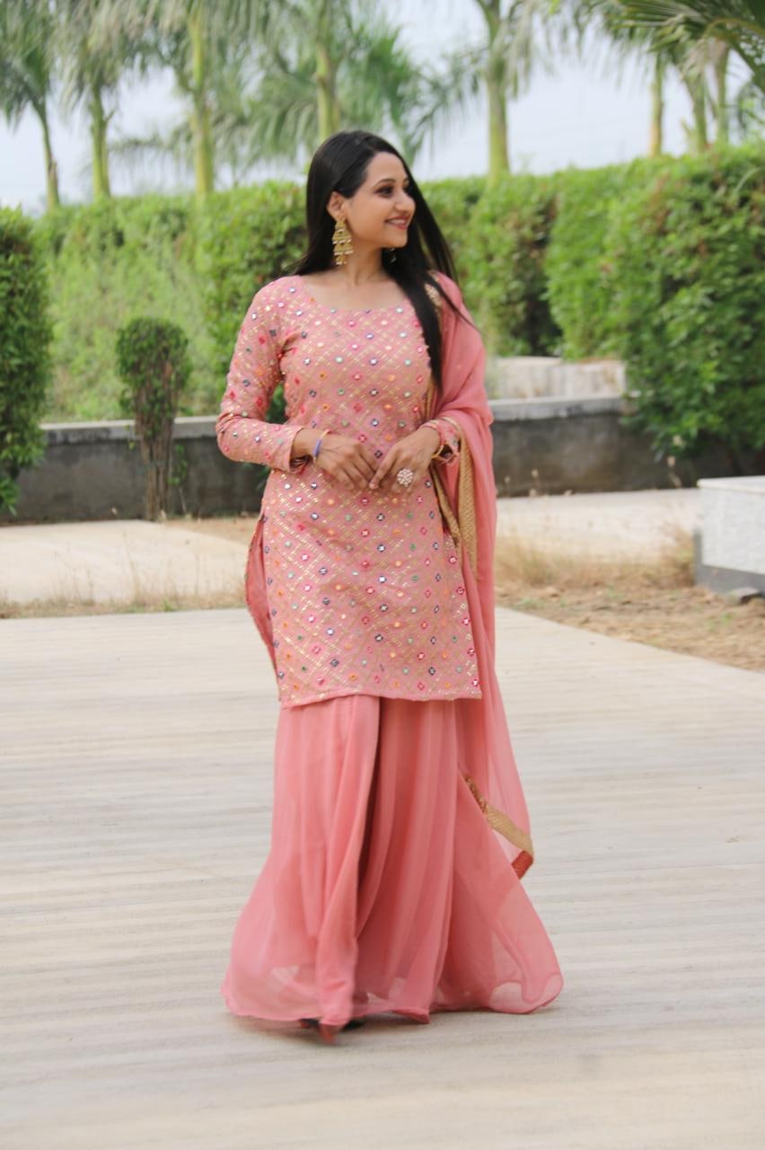 Graceful Peach Color Ready Made Georgette Sequence Mirror Embroidered Work Mother Daughter Plazo Salwar Suit