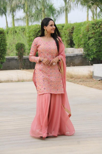 Graceful Peach Color Ready Made Georgette Sequence Mirror Embroidered Work Mother Daughter Plazo Salwar Suit