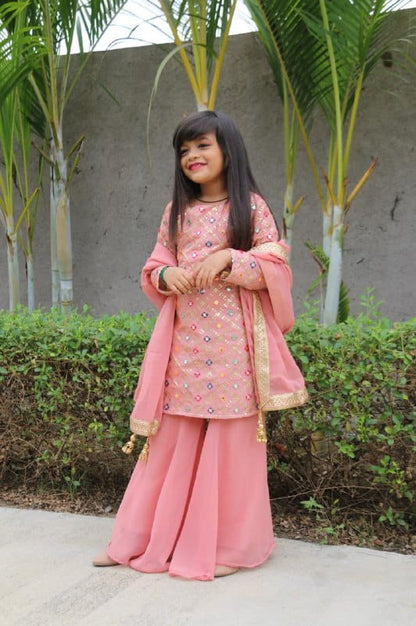 Graceful Peach Color Ready Made Georgette Sequence Mirror Embroidered Work Mother Daughter Plazo Salwar Suit