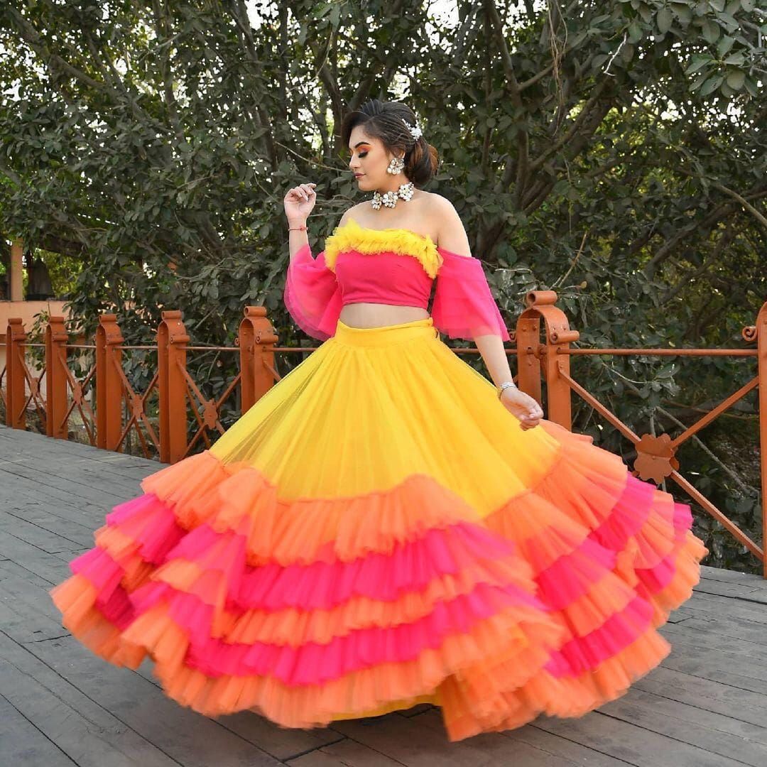Imperial Yellow Color Ruffle Work Georgette Function Wear Lehenga Choli For Women