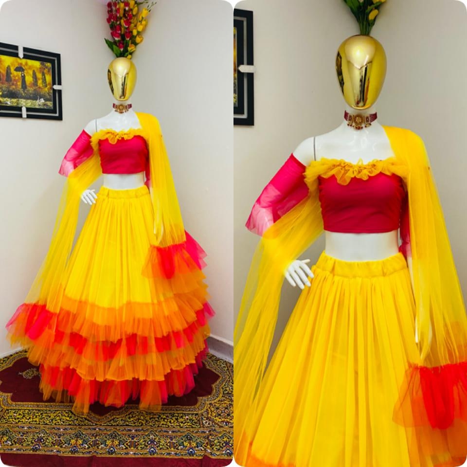 Imperial Yellow Color Ruffle Work Georgette Function Wear Lehenga Choli For Women