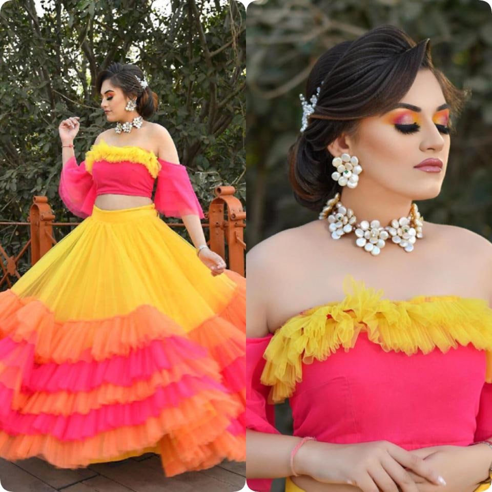 Imperial Yellow Color Ruffle Work Georgette Function Wear Lehenga Choli For Women
