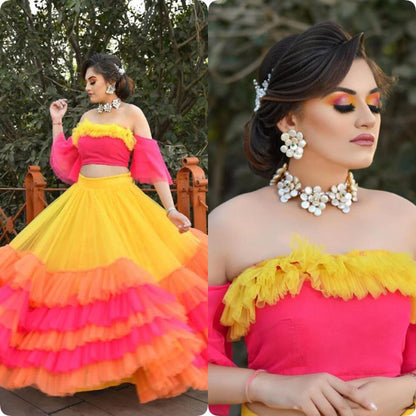 Imperial Yellow Color Ruffle Work Georgette Function Wear Lehenga Choli For Women