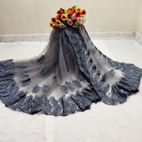 Eye catching Grey Color Festive Wear Soft Mono Net Chain Stitch Hand Stone Work Designer Saree Blouse