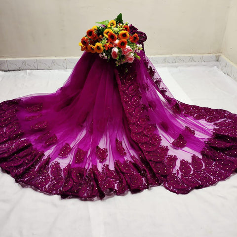 Adorable Violet Color Designer Chain Stitch Stone Hand Work Mono Net Wedding Wear Designer Saree Blouse