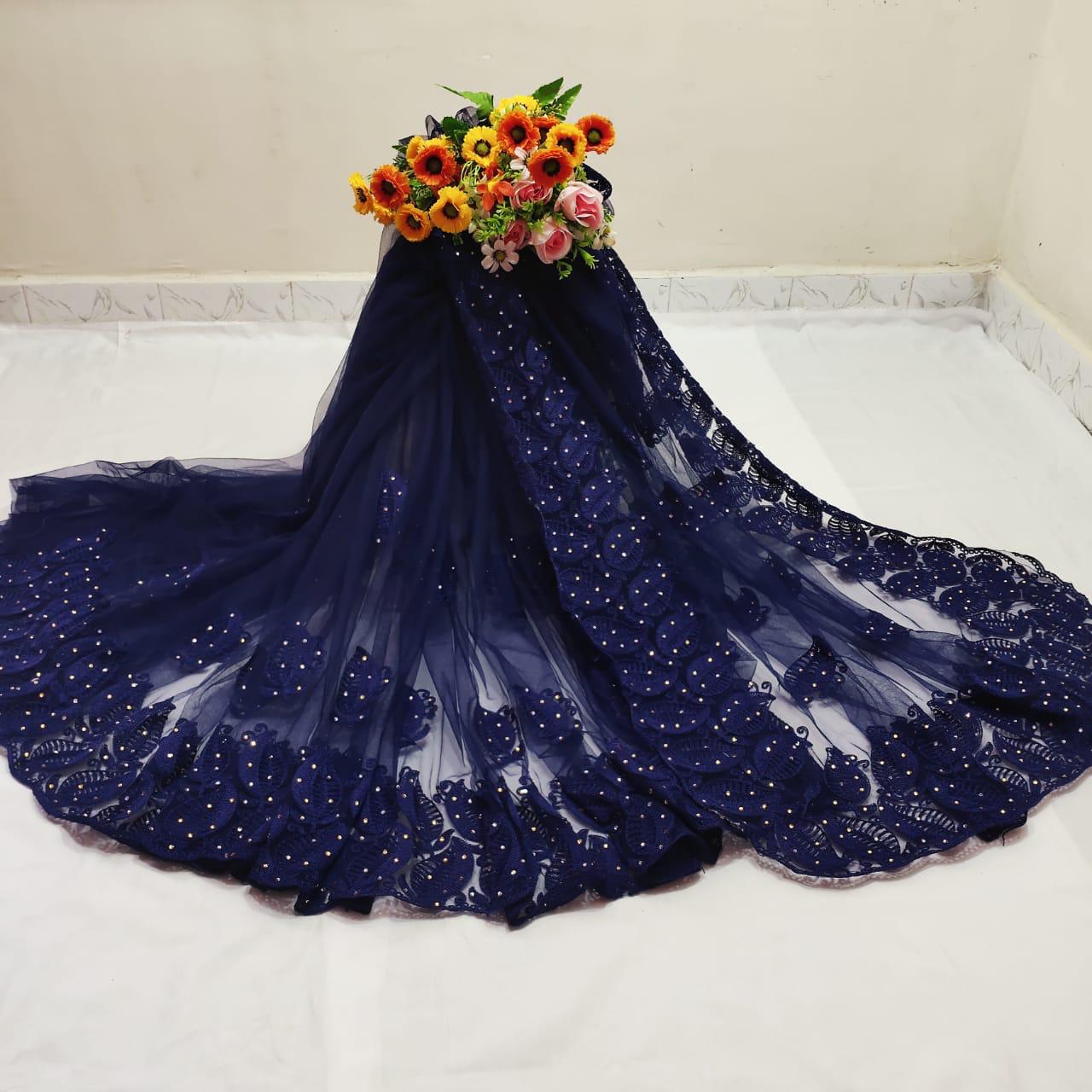 Preferable Wear Navy Blue Color Designer Chain Stitch Hand Stone Work Mono Net Designer Saree Blouse