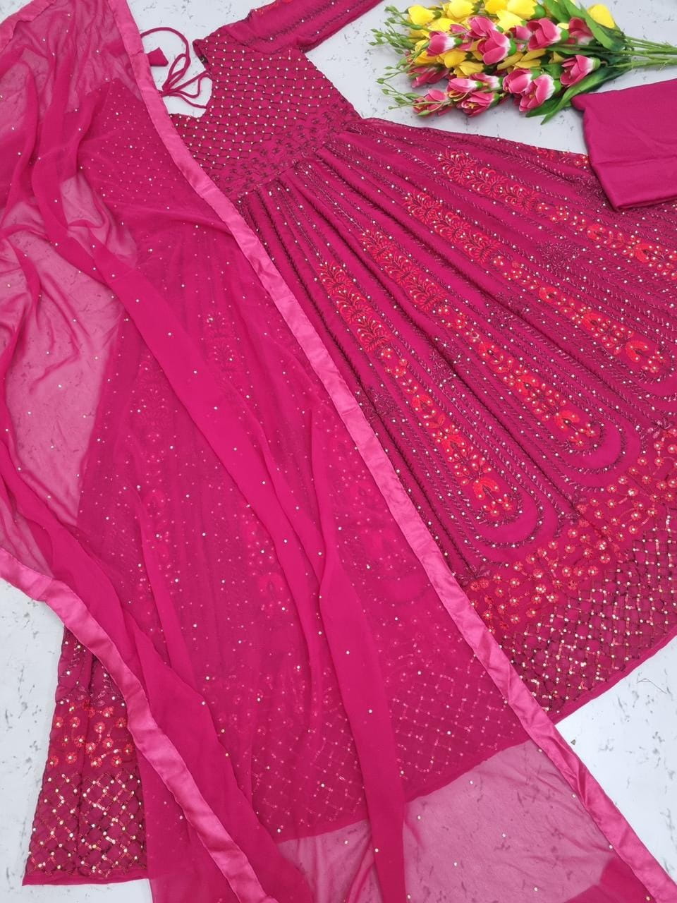 Charming Rani Pink Color Designer Georgette Sequence Diamond Embroidered Work Salwar Suit For Party Wear