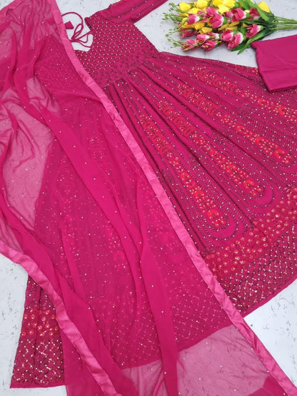 Charming Rani Pink Color Designer Georgette Sequence Diamond Embroidered Work Salwar Suit For Party Wear