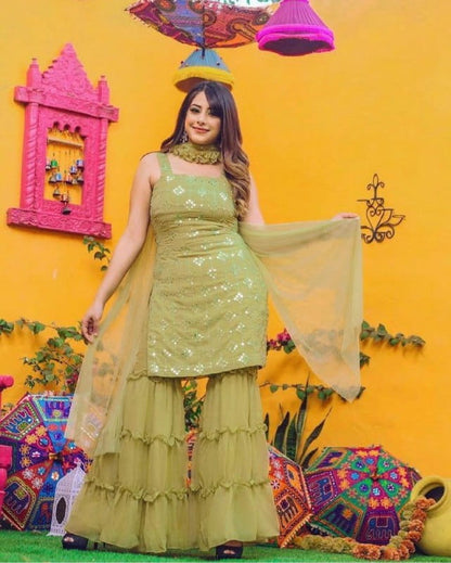 Amazing Green Color Sequence Fancy Embroidered Work Georgette Ready Made Sharara Salwar Suit