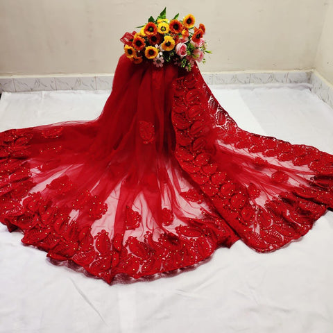 Classy Red Color Designer Mono Net Fancy Chain Stitch Stone Hand Work Wedding Wear Designer Saree Blouse