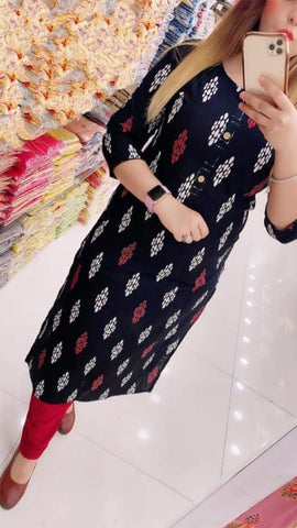 Energetic Black Color Full Stitched Rayon Digital Printed Round Neck Button Style Plazo Kurti For Festive Wear