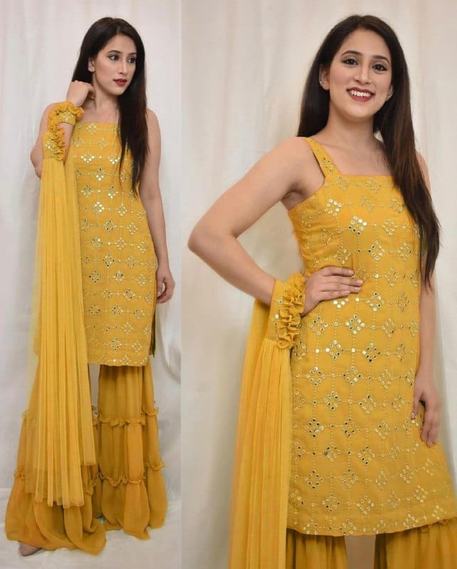 Sensational Mustard Color Ready Made Georgette Designer Embroidered Sequence Work Salwar Suit