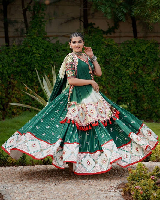 Bewildering Rama Green Color Designer Butter Soft Silk Real Mirror Work Digital Printed Function Wear Lehenga Choli