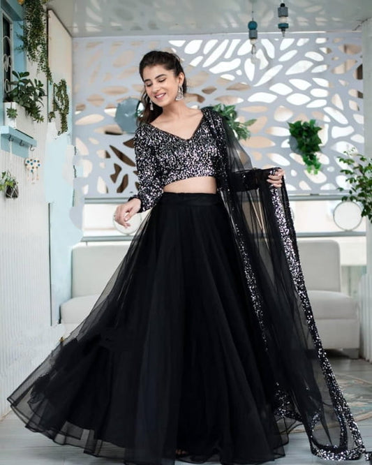Breath taking Black Color Wedding Wear Nylon Net Sequence Work Full Stitched Lehenga Choli