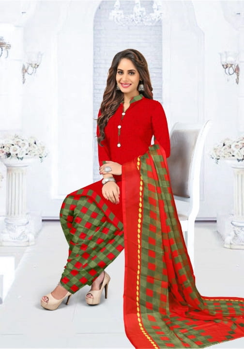 Surpassing Red Color Designer Chex Printed Leyon Casual Wear Salwar Suit
