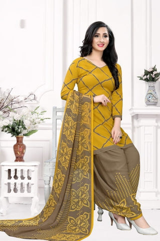 Shattering Mustard Color Leyon Designer Printed Fancy Dress Material For Casual Wear