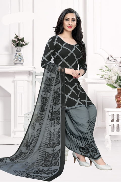 Radiant Black Color Designer Printed Leyon Dress Material For Party Wear
