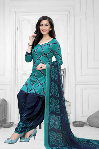 Attractive Rama Blue Color Fancy Printed Leyon Dress Material For Festive Wear