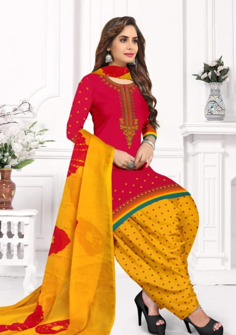 Graceful Red Color Festive Wear Leyon BeautifulPrinted Churidar Dress Material