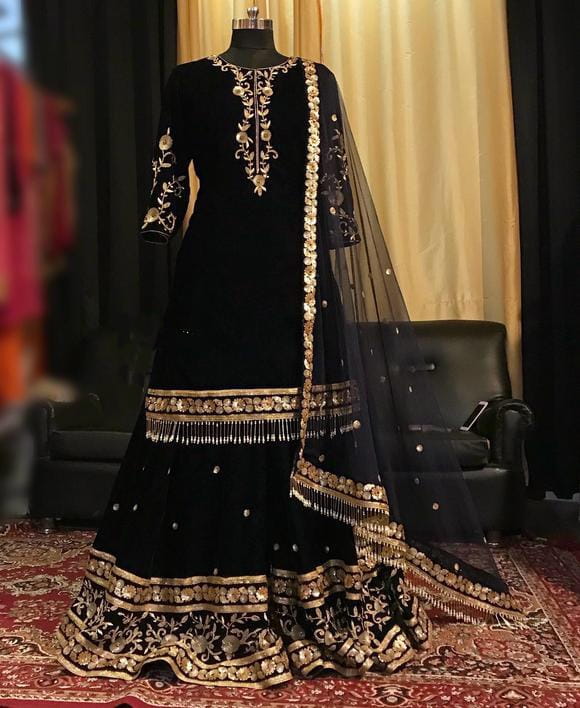 Festive Black Color Full Stitched Georgette Embroidered Hand Work Plazo Salwar Suit For Wedding Wear