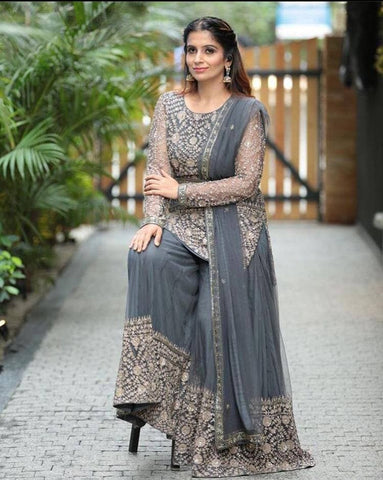 Dazzling Grey Color Function Wear Embroidered Work Georgette Sharara Salwar Suit