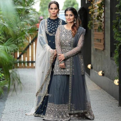 Dazzling Grey Color Function Wear Embroidered Work Georgette Sharara Salwar Suit