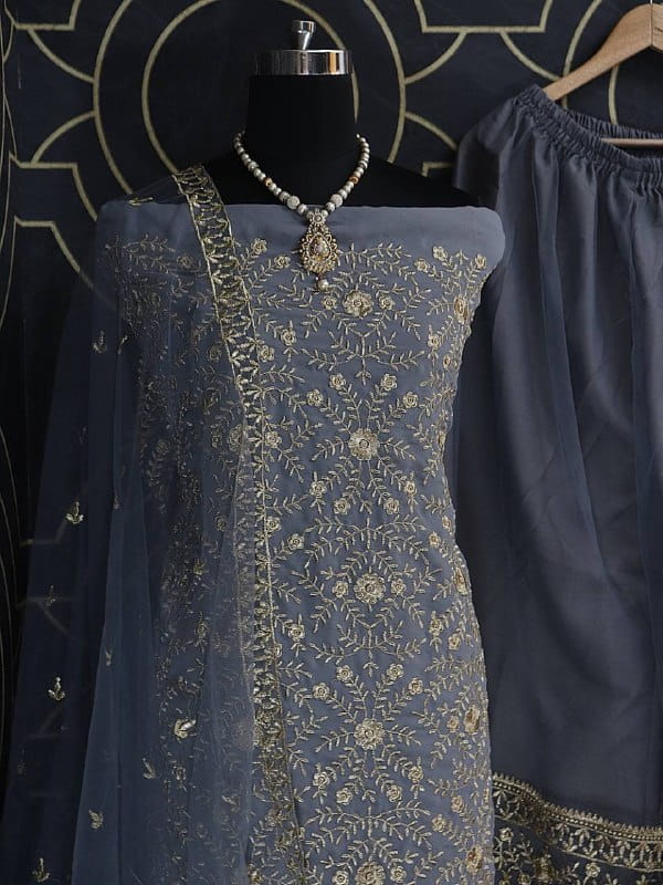 Dazzling Grey Color Function Wear Embroidered Work Georgette Sharara Salwar Suit