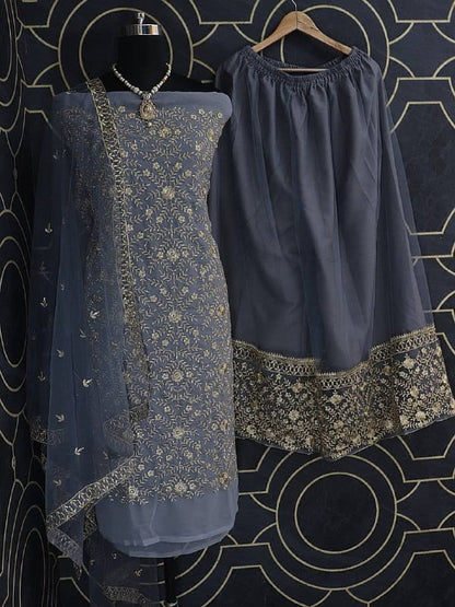 Dazzling Grey Color Function Wear Embroidered Work Georgette Sharara Salwar Suit