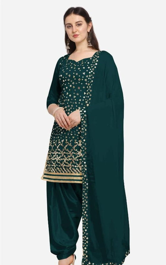 Party Wear Rama Green Color Fabulous Mirror Foil Embroidered Work Georgette Salwar Suit