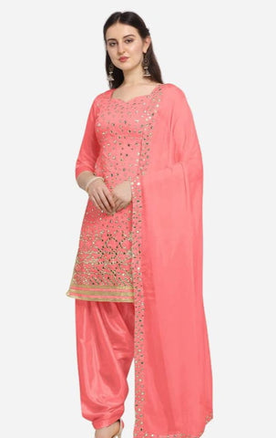 Flattering Peach Color Georgette Embroidered Fancy Mirror Foil Work Festive Wear Salwar Suit