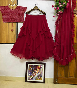 Admiring Maroon Color Designer Three Layer Ruffle Georgette Embroidered Work Lehenga Choli For Wedding Wear