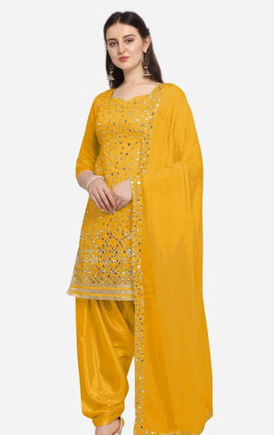 Magnificent Mustard Color Georgette Mirror Foil Embroidered Work Salwar Suit For Ladies