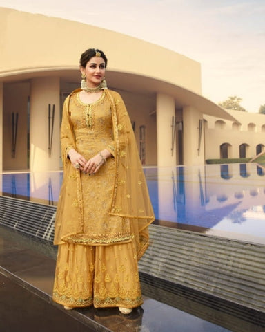 Flattering Mustard Color Designer Dola Silk Multi Thread Embroidered Stone Work Salwar Suit