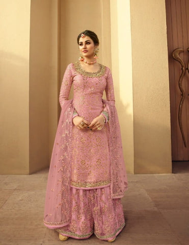 Attractive Pink Color Designer Stone Multi Thread Embroidered Jacquard Dola Silk Salwar Suit For Women