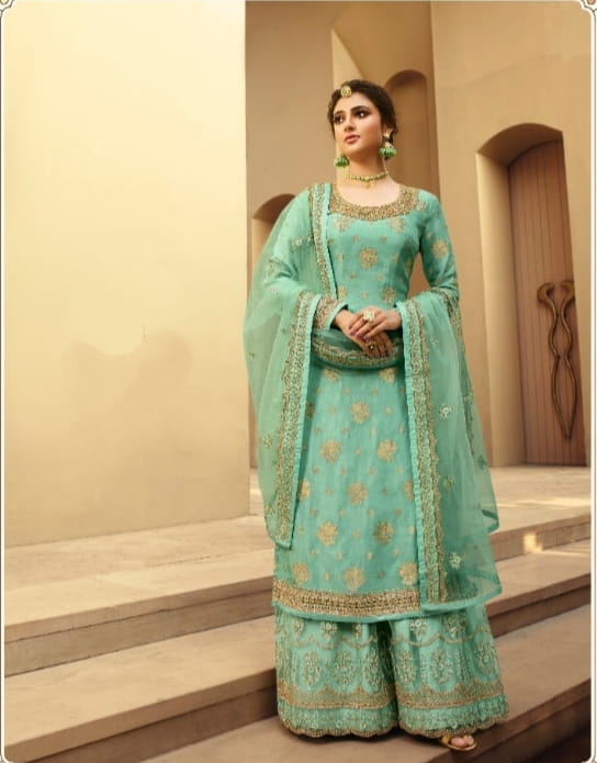 Glamrous Sea Green Color Festival Wear Dola Jacquard Silk Multi Thread Stone Embroidered Work Salwar Suit