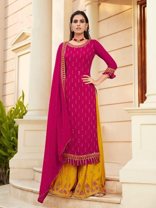 Superlative Rani Pink Color Wedding Wear Georgette Embroidered Mirror Work Salwar Suit