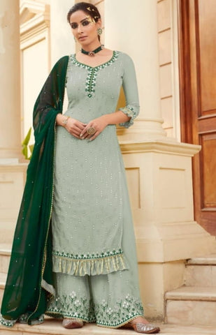 Intricate Light Green Color Function Wear Mirror Embroidered Work Faux Georgette Salwar Suit