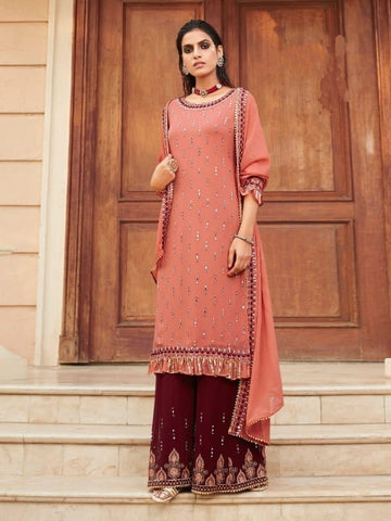 Admiring Peach Color Occasion Wear Faux Georgette Fancy Mirror Embroidered Work Salwar Suit