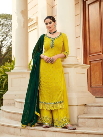 Party Wear Yellow Color Faux Georgette Embroidered Mirror Work Salwar Suit Design