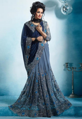 Phenomenal Grey Color Fancy Net Georgette Designer Embroidered Work Function Wear Designer Saree Blouse