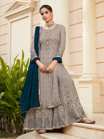 Starling Grey Color Festival Wear Embroidered Mirror Work Faux Georgette Salwar Suit