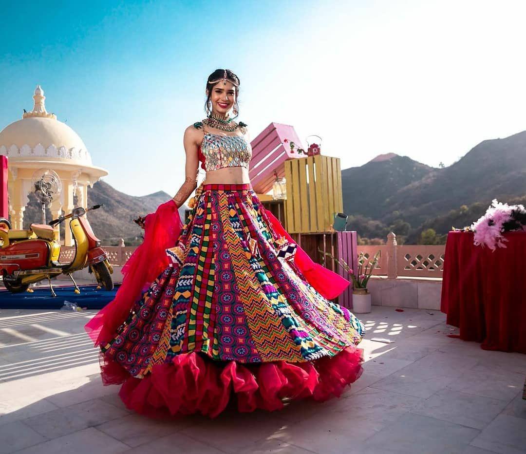 Bewildering Multi Color Designer Foil Mirror Work Rayon Cotton Function Wear Lehenga Choli