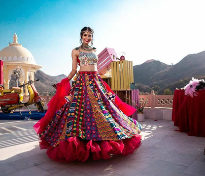 Bewildering Multi Color Designer Foil Mirror Work Rayon Cotton Function Wear Lehenga Choli