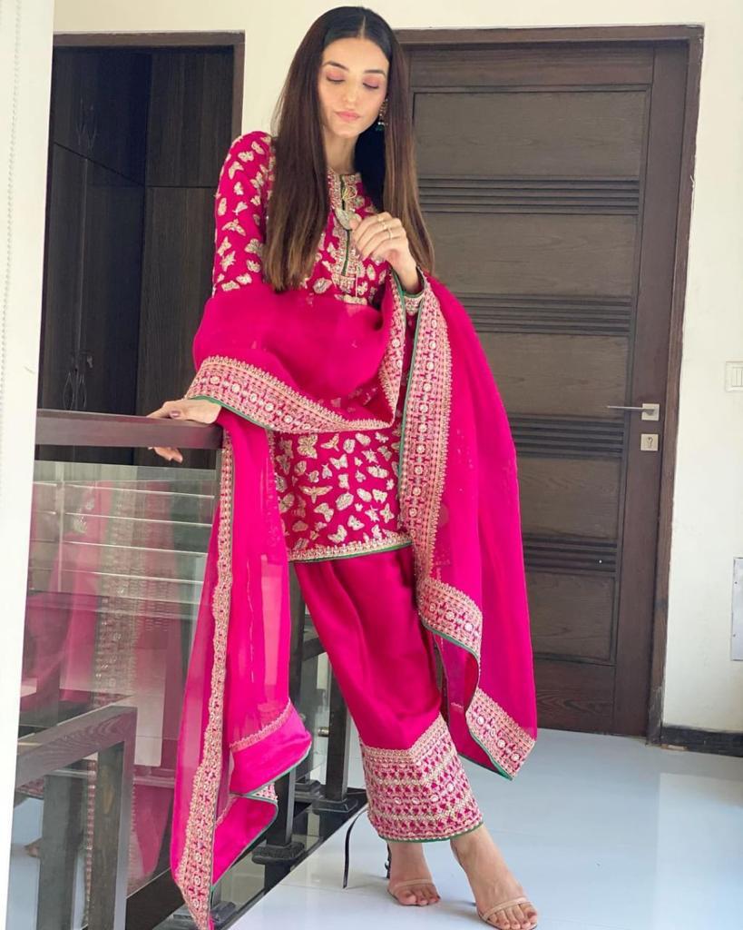 Mind-blowing Rani Pink Color Zari Embroidered Work Fancy Georgette Sharara Suit For Women