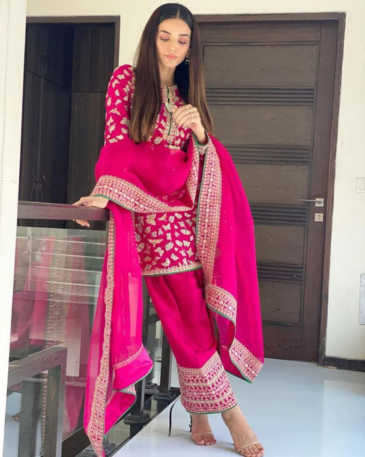 Mind-blowing Rani Pink Color Zari Embroidered Work Fancy Georgette Sharara Suit For Women